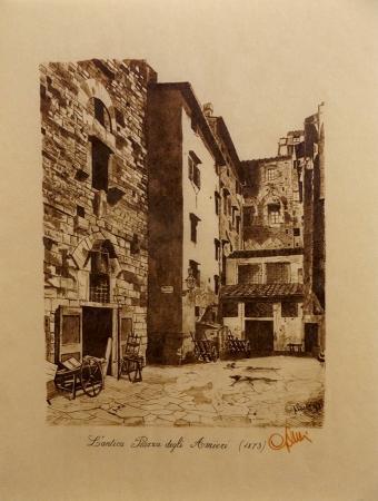 Art work by Giuseppe Capineri L'antica piazza degli Amieri  - print yellow paper 